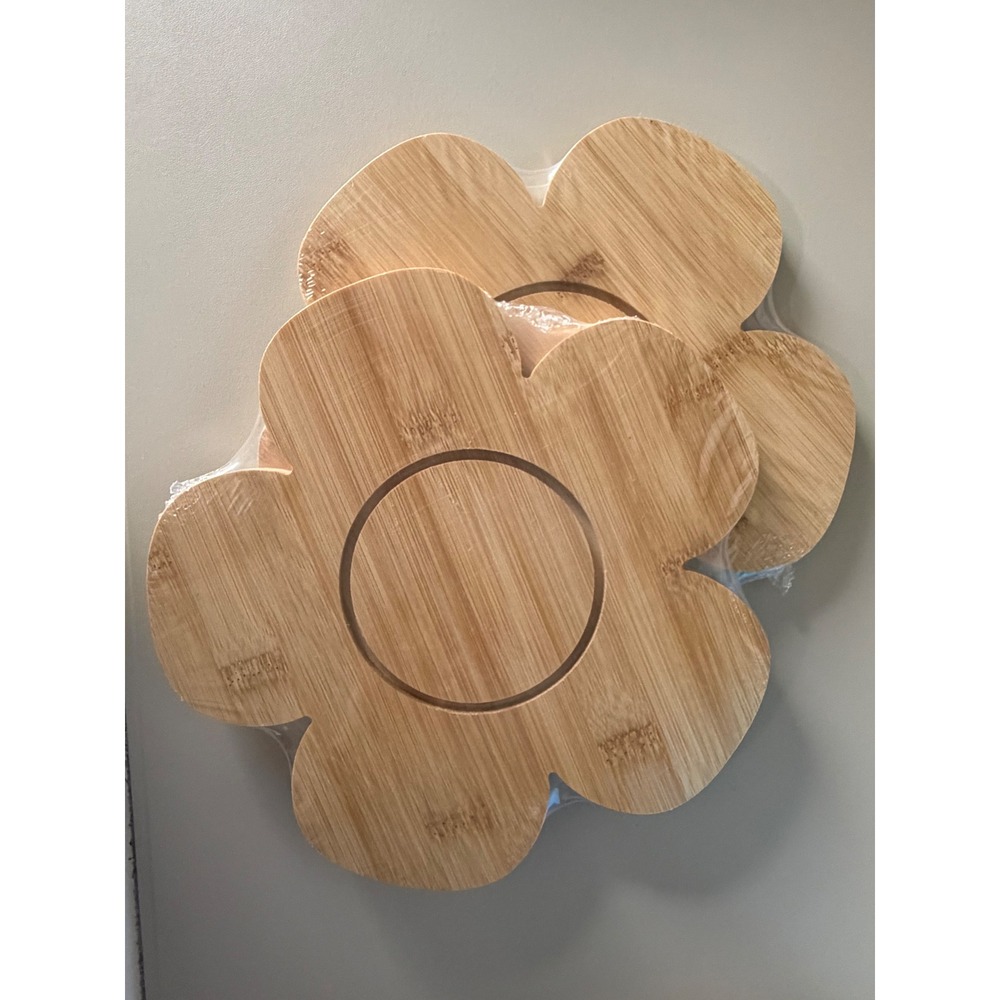 Francescas Bamboo Flower Coasters Set of 2 Natural Wood Floral Drink Mats NEW